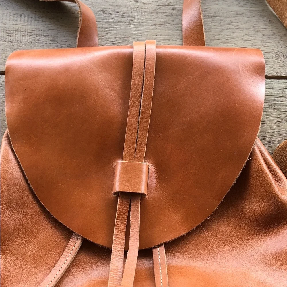 Leather Tassel Drawstring Backpack - Brown